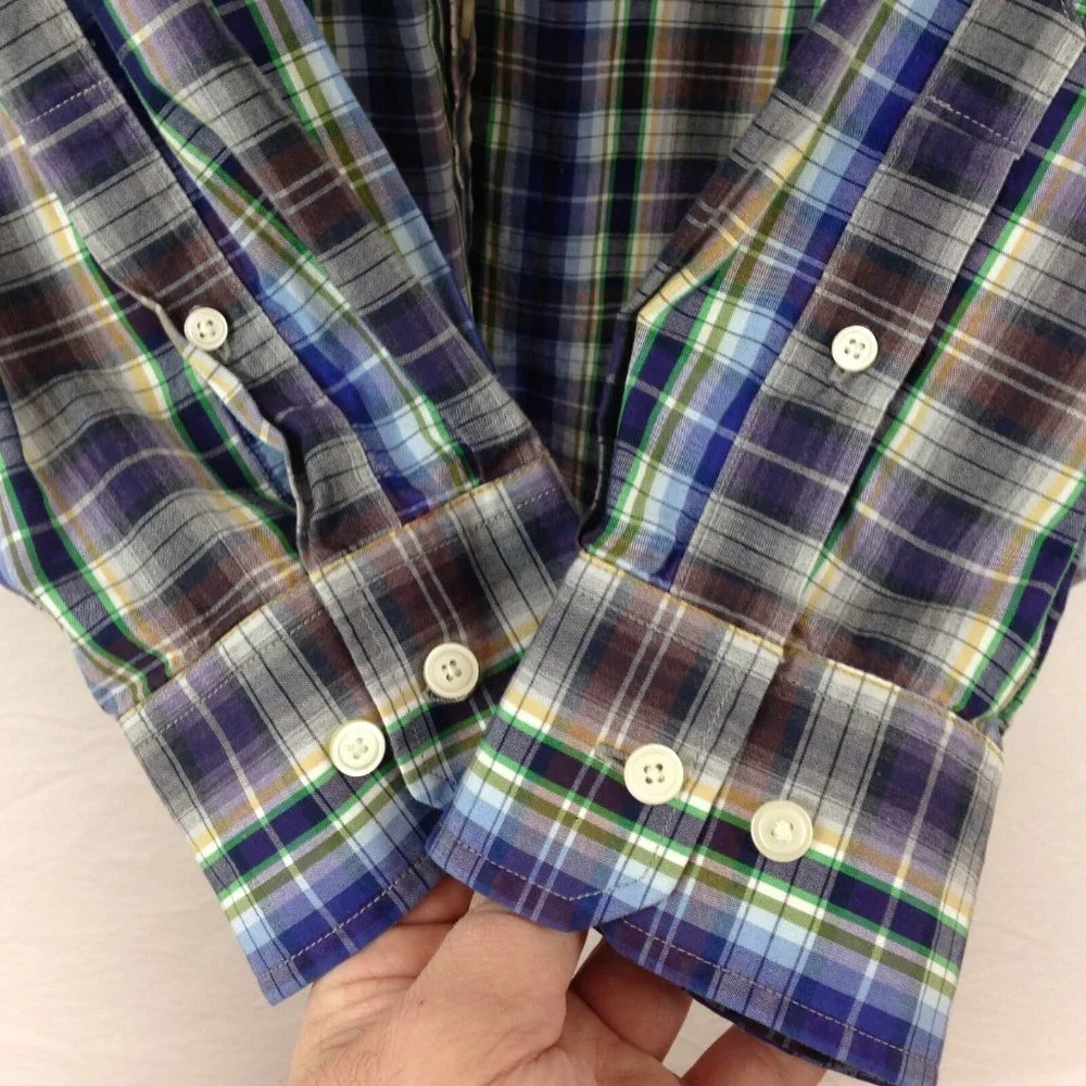 Banana Republic‎ Shirt Mens L Blue Purple Plaid Long Sleeve Button Front Cotton